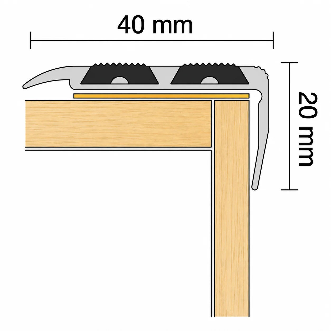 Aluminium Stair Nosing with Non-Slip Rubber Self-Adhesive 40x20mm Dimension