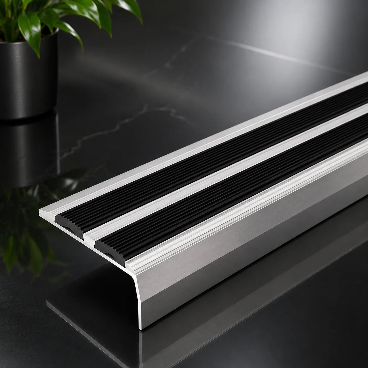 Aluminium Stair Nosing with Non-Slip Rubber Self-Adhesive 40x20mm Silver With Black Rubber