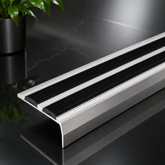 Aluminium Stair Nosing with Non-Slip Rubber Self-Adhesive 40x20mm Silver With Black Rubber