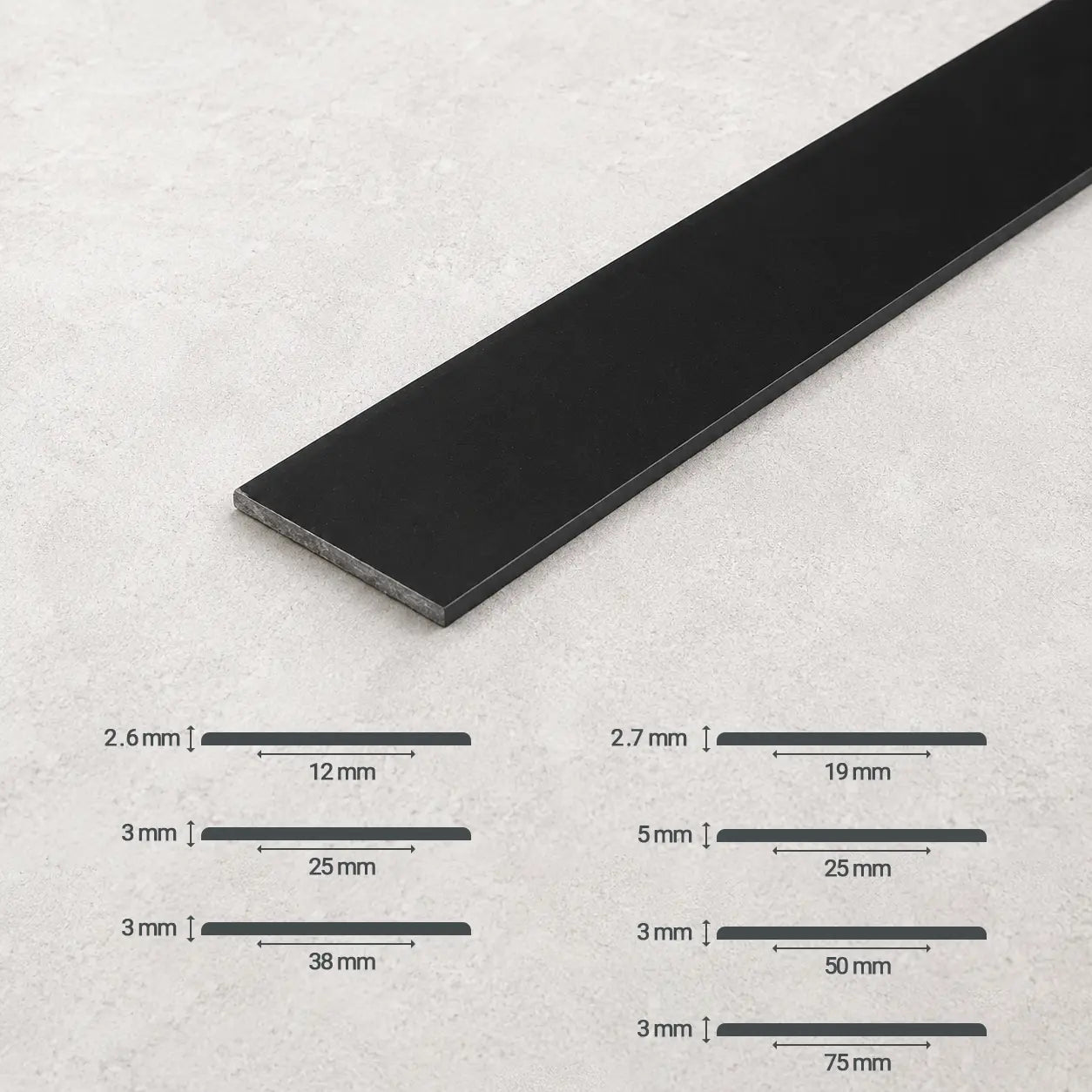 Black PVC Plastic Flat Bar with diffrent available sizes diagram