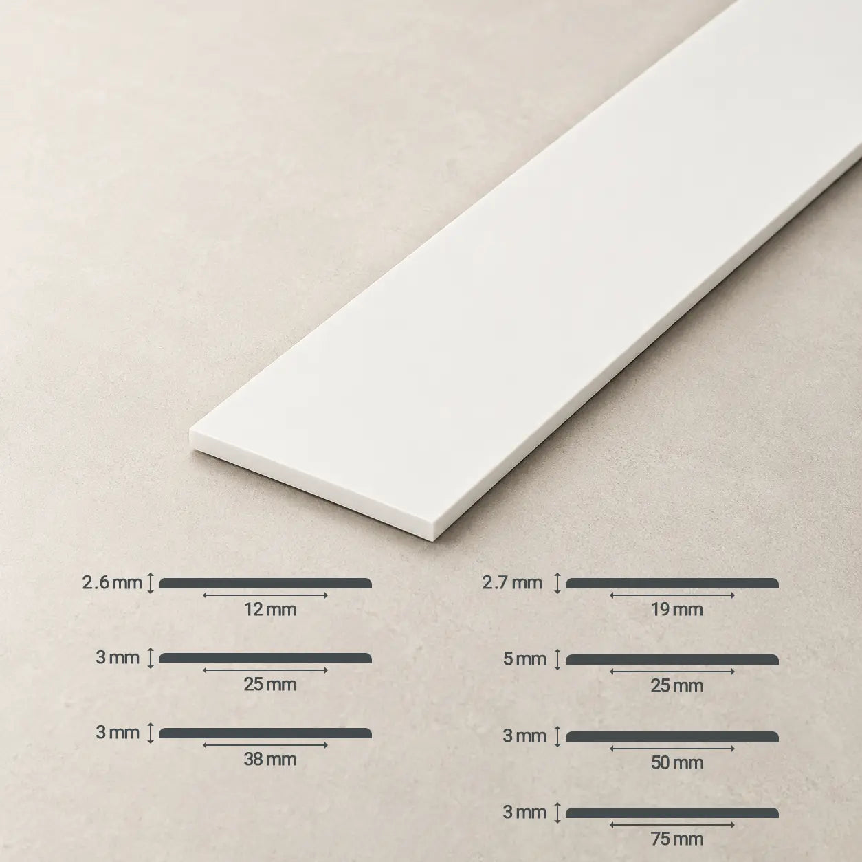 White PVC Plastic Flat Bar with diffrent available sizes diagram