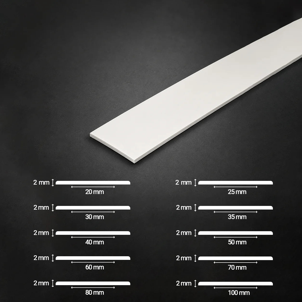 White-PVC-Flat-Architrave-Trim-Plastic-Bar-Strip with diffrent diamentions diagram images