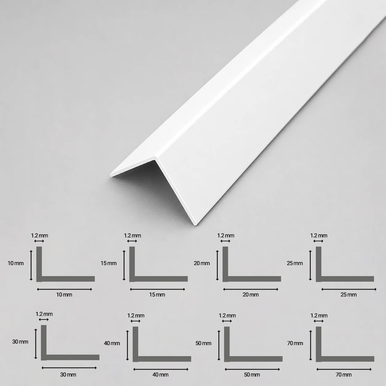 White_PVC_Corner_Angle_Trim_90_Plastic_Equal_Unequal_Edge_Protector image with all available sizes diamention diagrams
