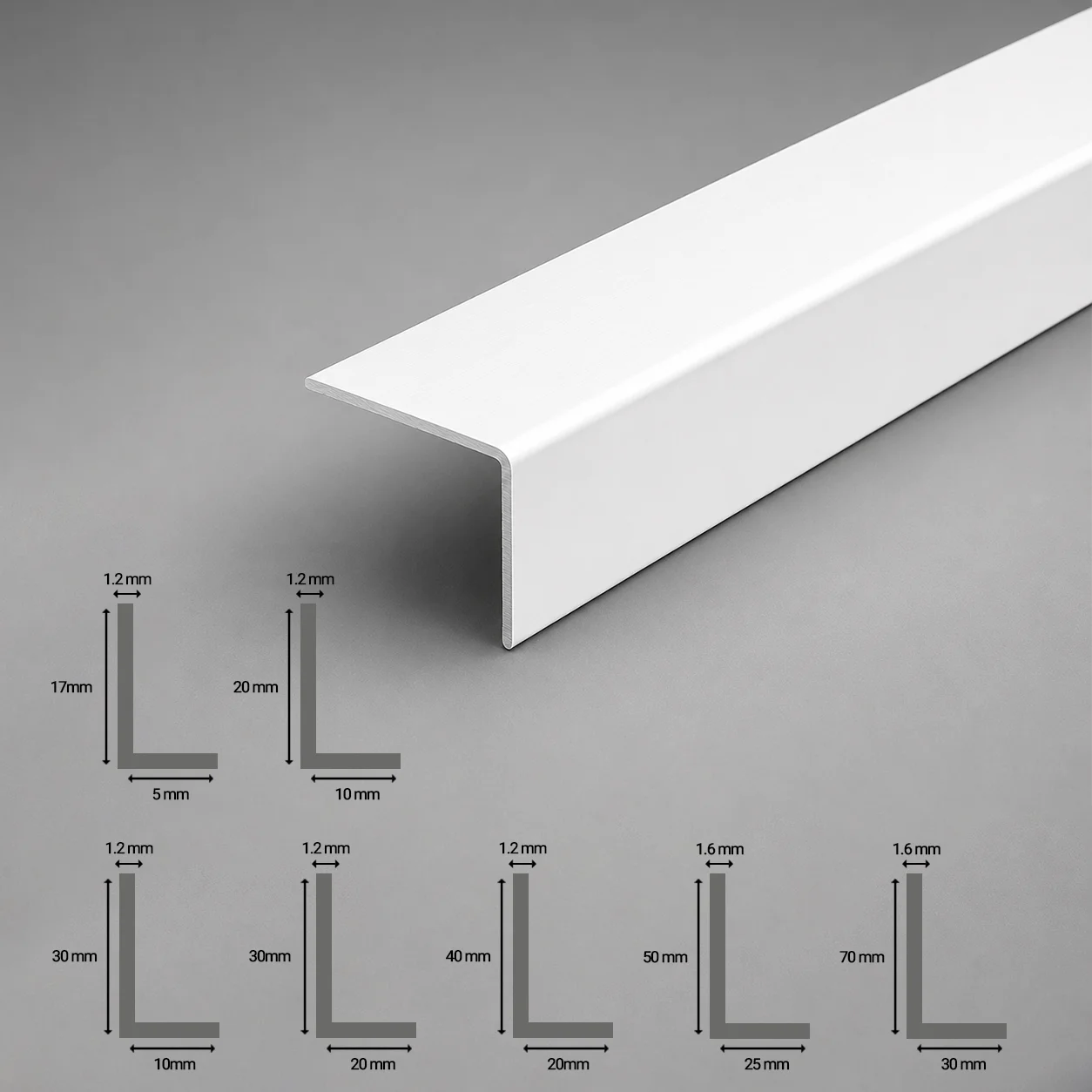 White_PVC_Corner_Angle_Trim_90_Plastic_Unequal_Edge_Protector_image with Diffrent available sizes diamention diagram