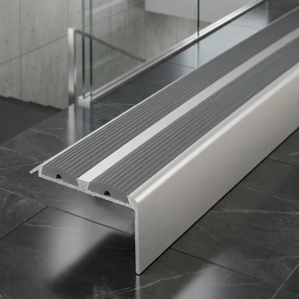silver aluminium anti slip stair nosing with grey Rubber