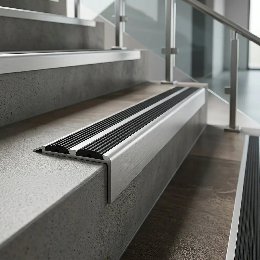 aluminium anti slip stair nosing with Rubber Edge Trim silver with black rubber real use image