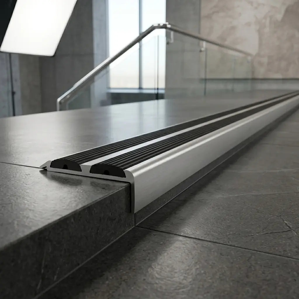 silver aluminium anti slip stair nosing with black Rubber installed at stairs.