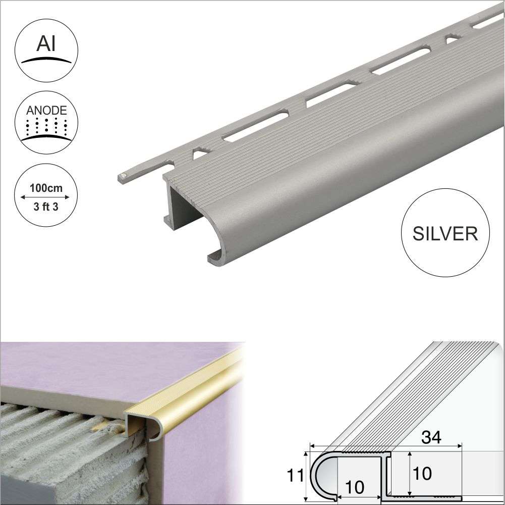 A81 34mm x 11mm x 10mm Aluminium Stair Nosing Edge Trim Step Edging For Tiles