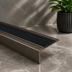 Anodised Aluminium Self-Adhesive Non-Slip Rubber Stair Nosing 46 x 30mm Champagne With Black Rubber