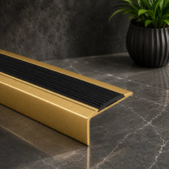 Anodised Aluminium Self-Adhesive Non-Slip Rubber Stair Nosing 46 x 30mm Gold With Black Rubber