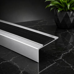 Anodised Aluminium Self-Adhesive Non-Slip Rubber Stair Nosing 46 x 30mm Silver With Black Rubber
