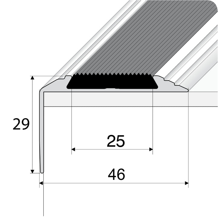 A38 46 x 30mm Anodised Aluminium Non Slip Rubber Stair Nosing With Black Rubber 0.9m