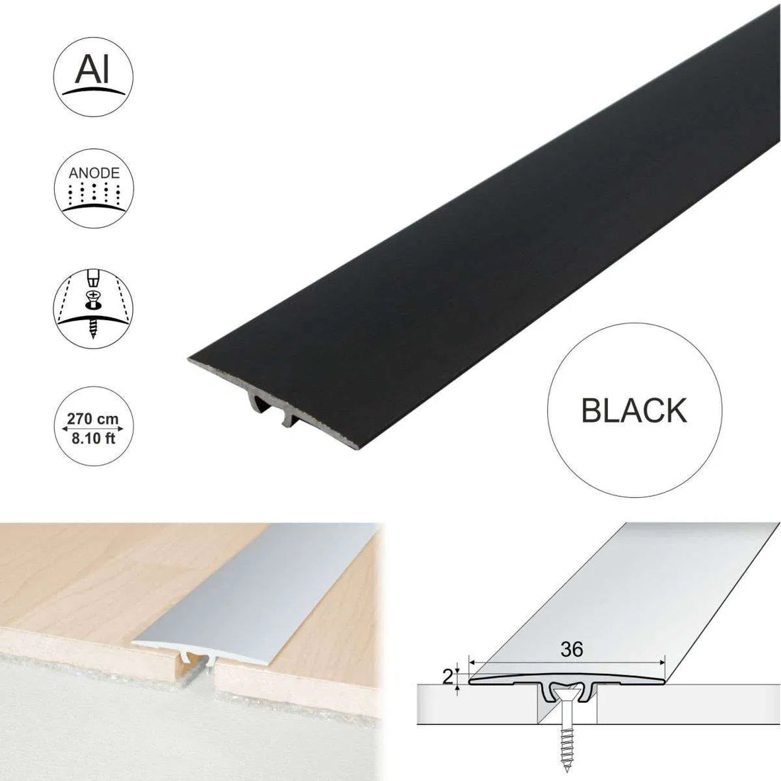 Black Anodised Aluminium Flat Door Threshold Strip - A68 36mm - StairNosingUK