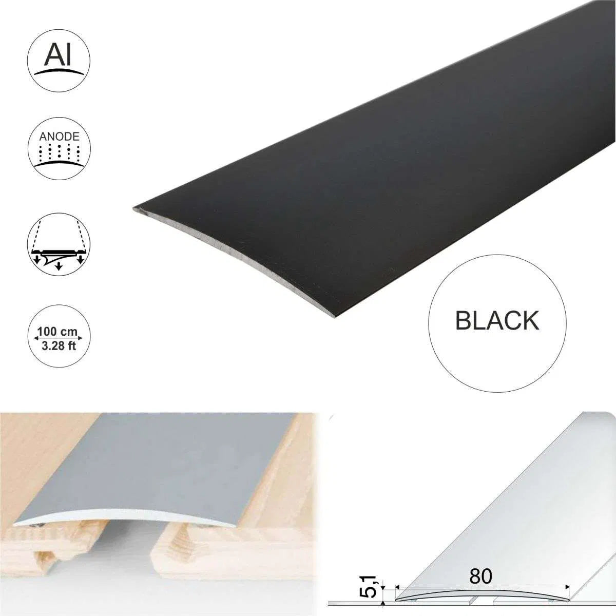 Black Anodised Aluminium Self Adhesive Door Threshold - A71 80mm - StairNosingUK