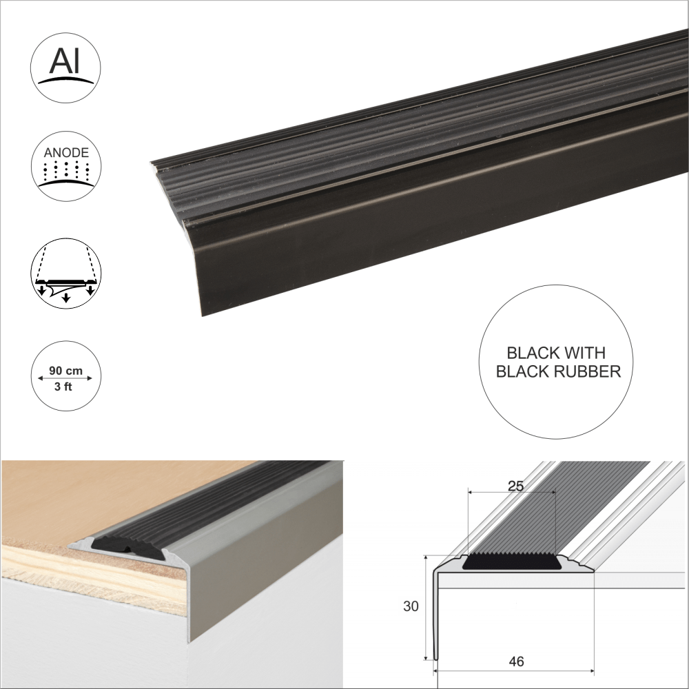 Black Anodised Aluminium Self Adhesive Non Slip Rubber Stair Nosing Edge Trim