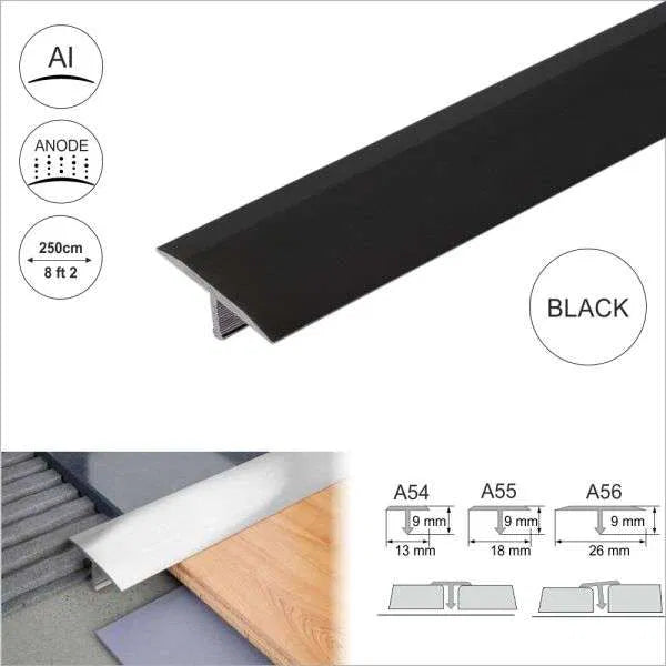 Black Anodised Aluminium Threshold Trim T Bar - A55 18mm - StairNosingUK