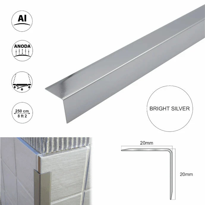 Bright Silver Aluminium Retro-Fit Tile Trim Angle Cladding Corner - 20x20mm - StairNosingUK