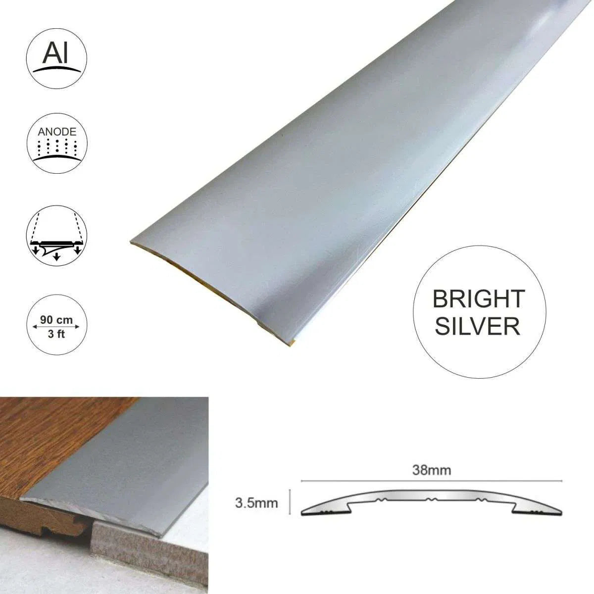 Bright Silver Self Adhesive Euro Cover Strip - CAS 38mm - StairNosingUK
