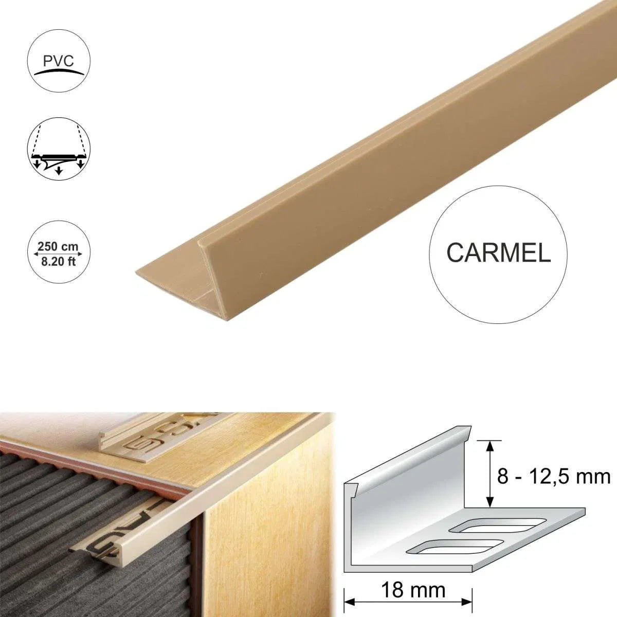 Carmel PVC Straight Edge L shaped Tile Trim 8,10,12.5mm Depth