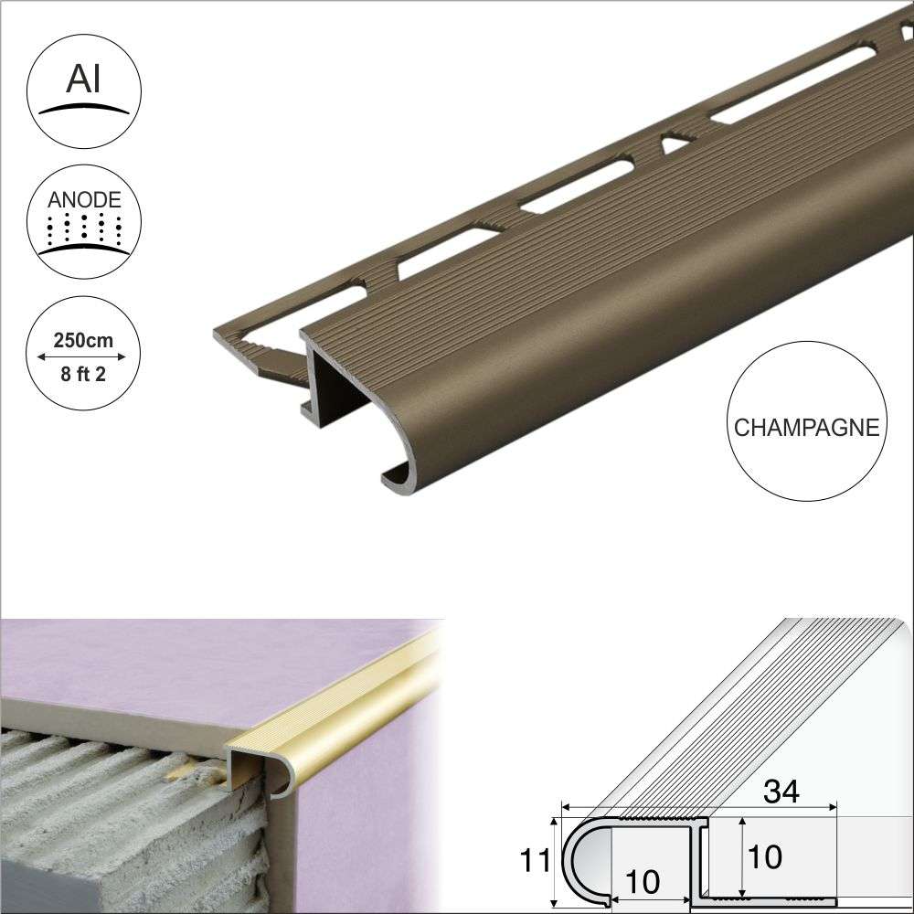 Champagne Aluminium Stair Nosing Edge Trim - A81 (34 x 11 x 10mm) - StairNosingUK