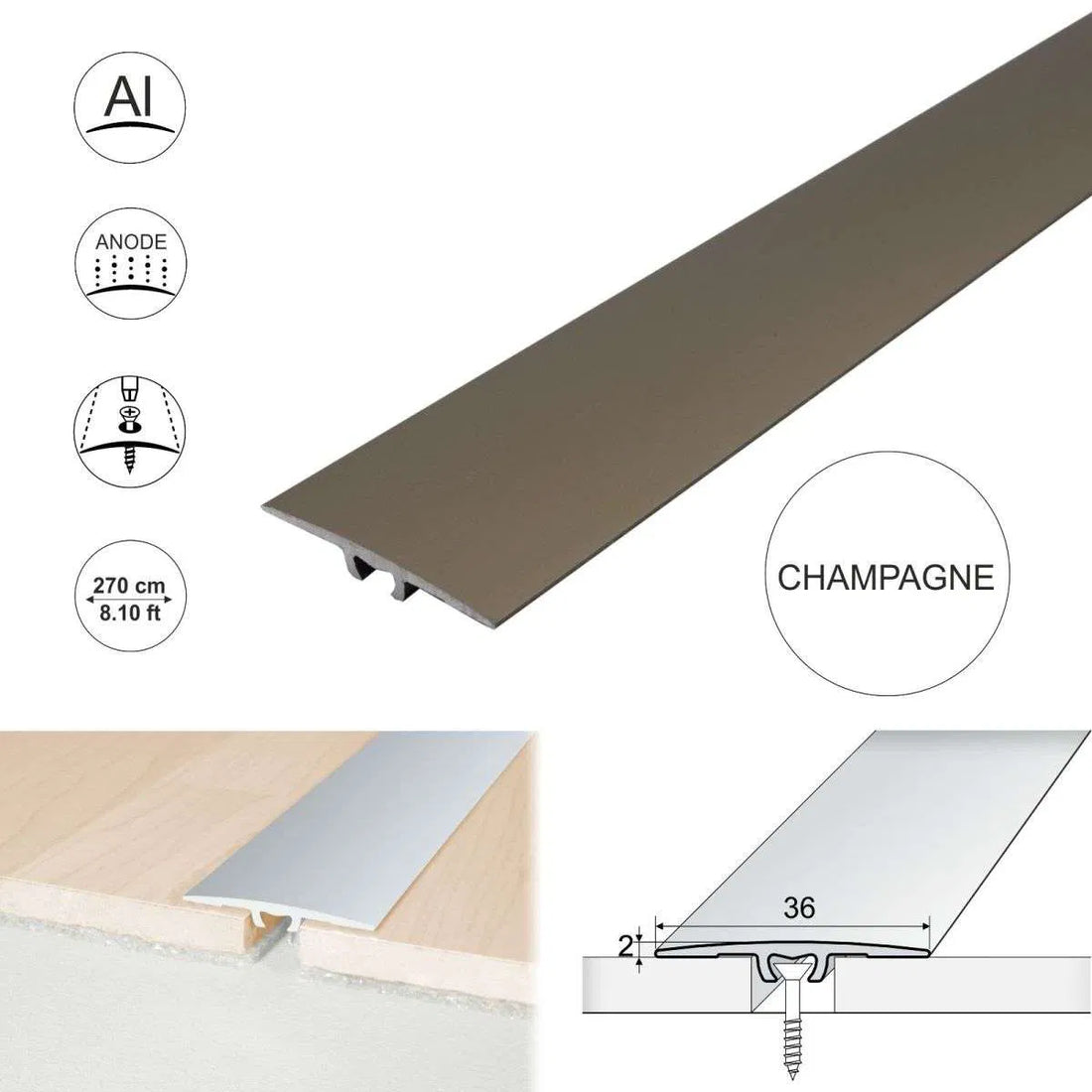 Champagne Anodised Aluminium Flat Door Threshold Strip - A68 36mm - StairNosingUK