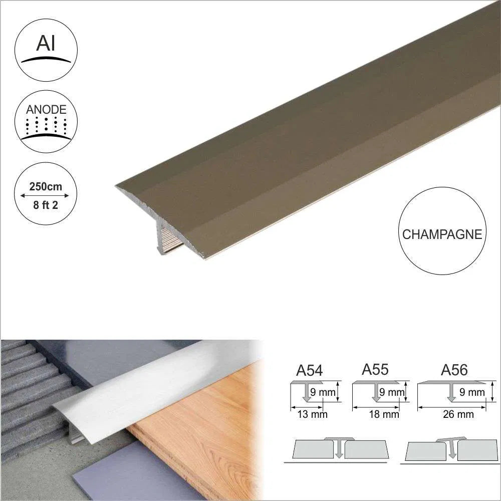 Champagne Anodised Aluminium Threshold Trim T Bar - A55 18mm - StairNosingUK