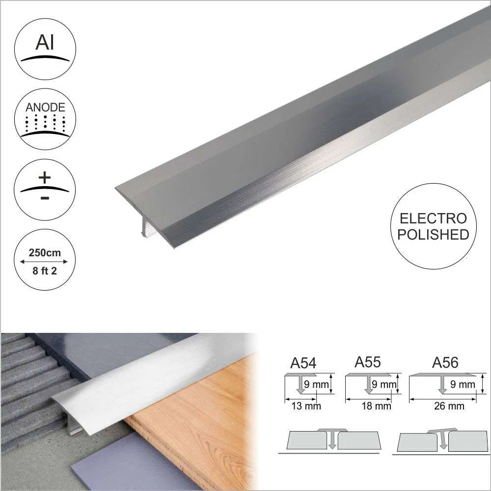 Electro Polished Anodised Aluminium Threshold Trim T Bar - A54 13mm - StairNosingUK