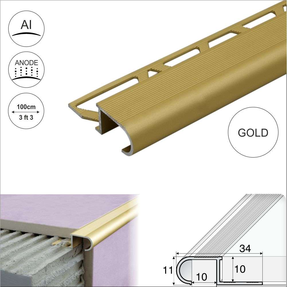 Gold Aluminium Stair Nosing Edge Trim - A81 (34 x 11 x 10mm) - StairNosingUK