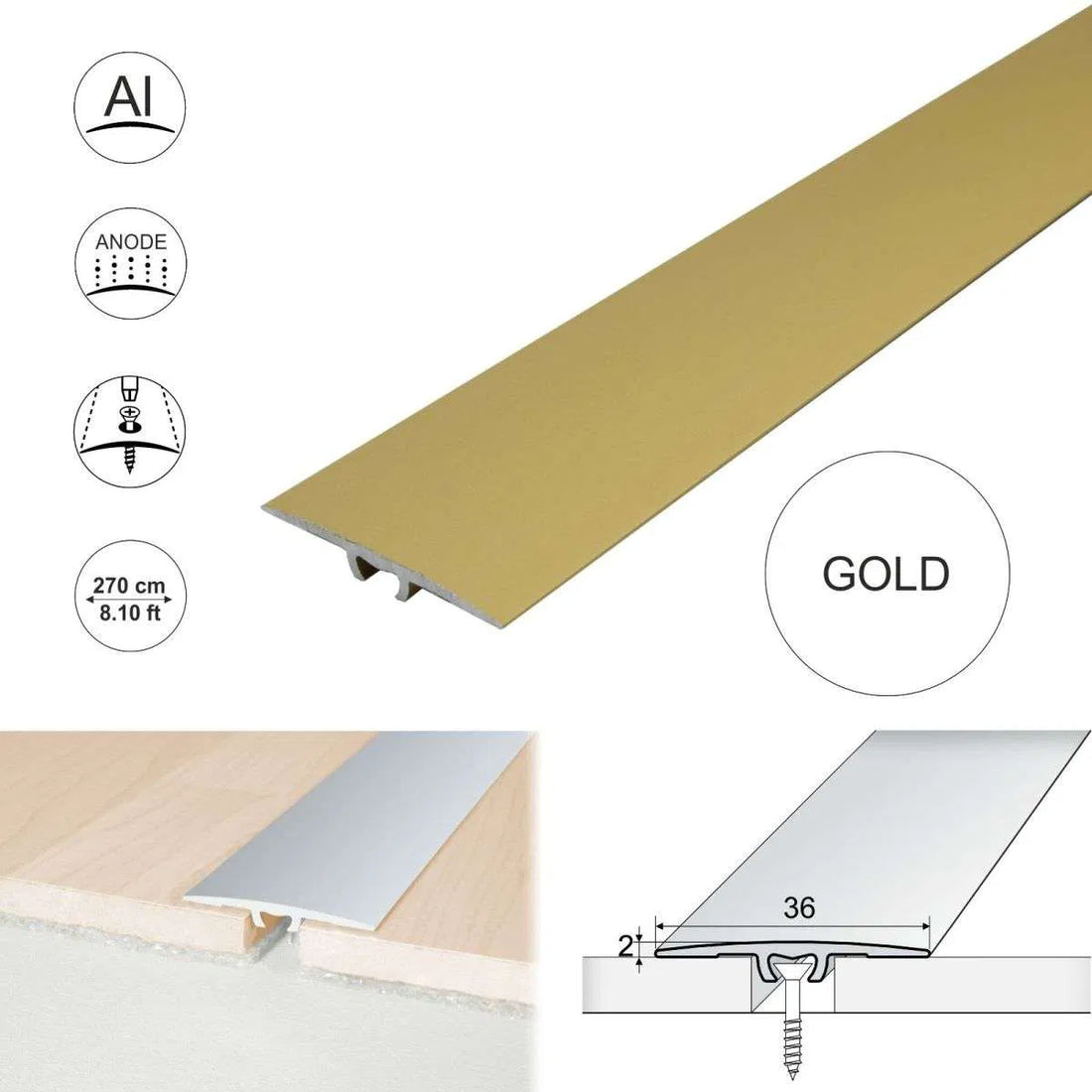 Gold Anodised Aluminium Flat Door Threshold Strip - A68 36mm - StairNosingUK