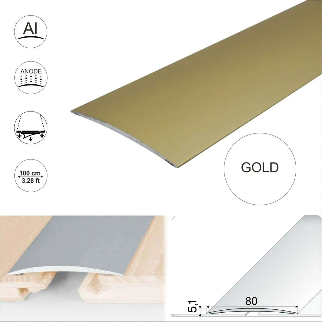 Gold Anodised Aluminium Self Adhesive Door Threshold - A71 80mm - StairNosingUK
