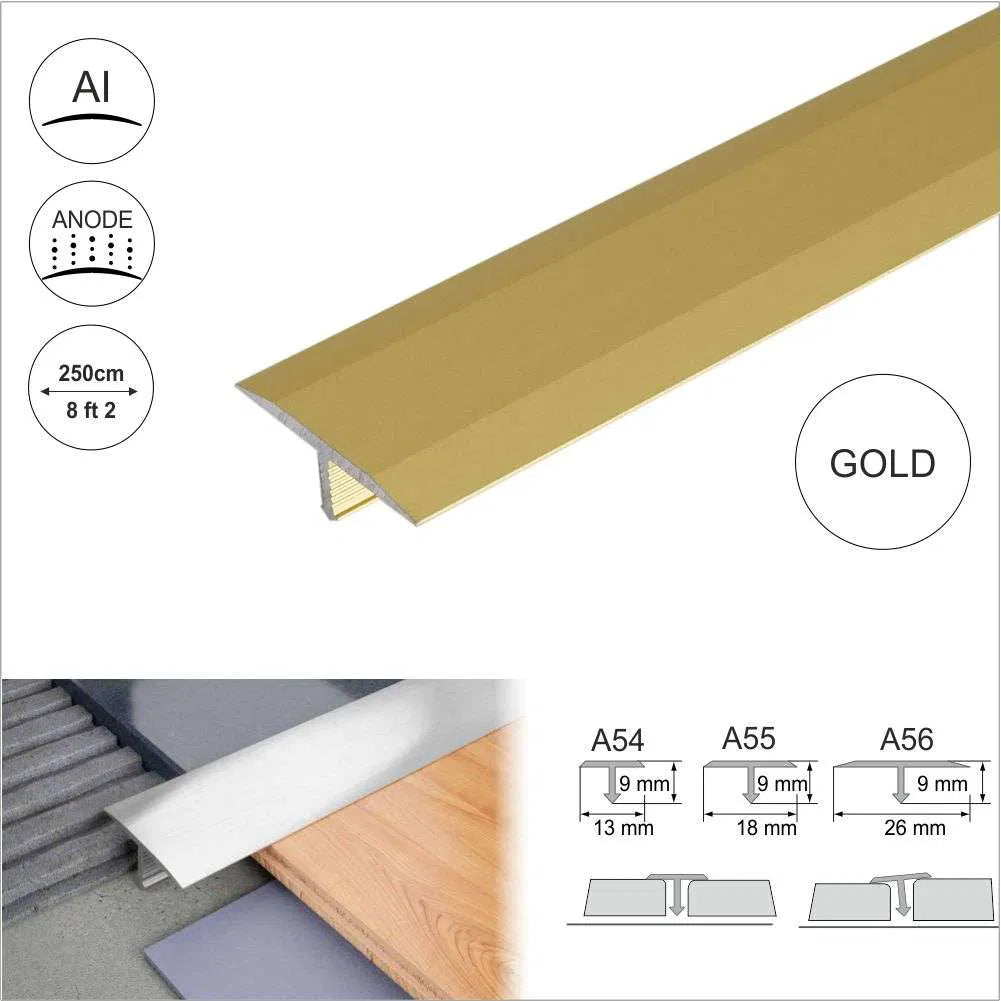 Gold Anodised Aluminium Threshold Trim T Bar - A55 18mm - StairNosingUK