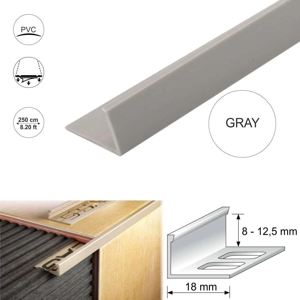 Grey PVC Straight Edge L shaped Tile Trim 8,10,12.5mm Depth