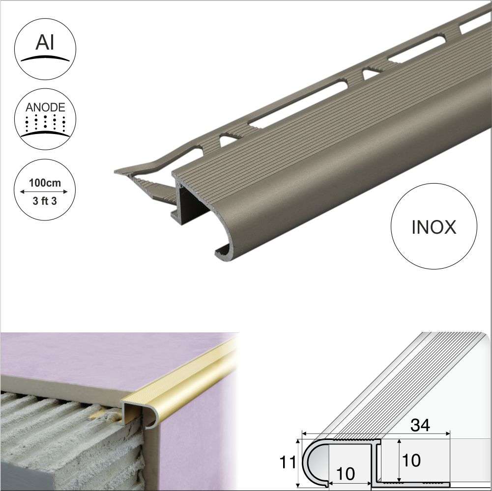 Inox Aluminium Stair Nosing Edge Trim - A81 (34 x 11 x 10mm) - StairNosingUK