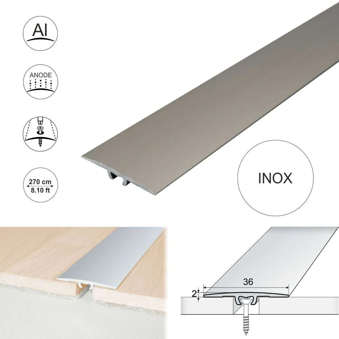 Inox Anodised Aluminium Flat Door Threshold Strip - A68 36mm - StairNosingUK