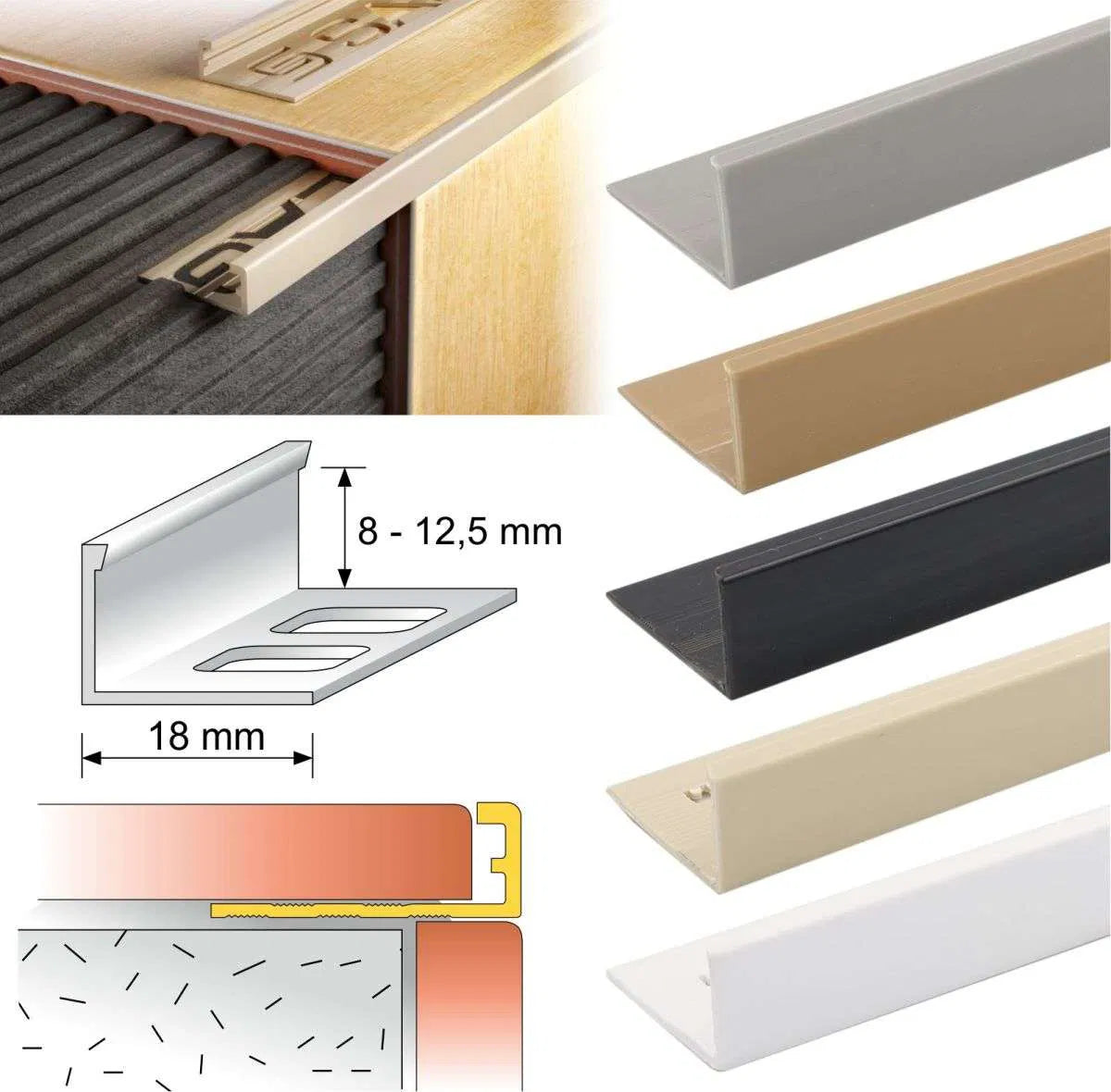 PVC Straight Edge L shaped Tile Trim 8,10,12.5mm Depth