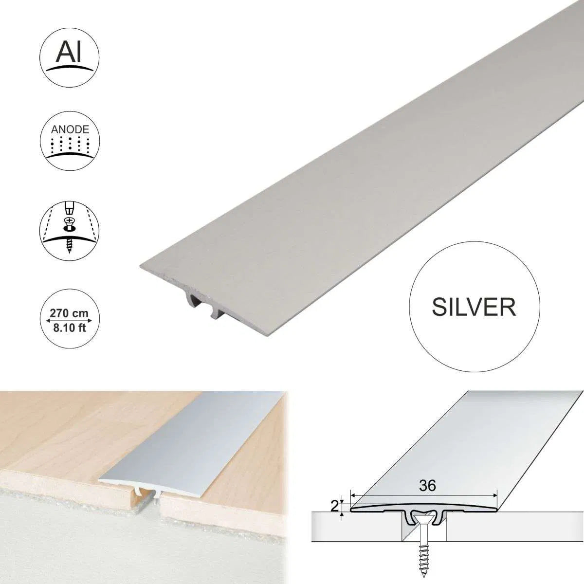 Silver Anodised Aluminium Flat Door Threshold Strip - A68 36mm - StairNosingUK