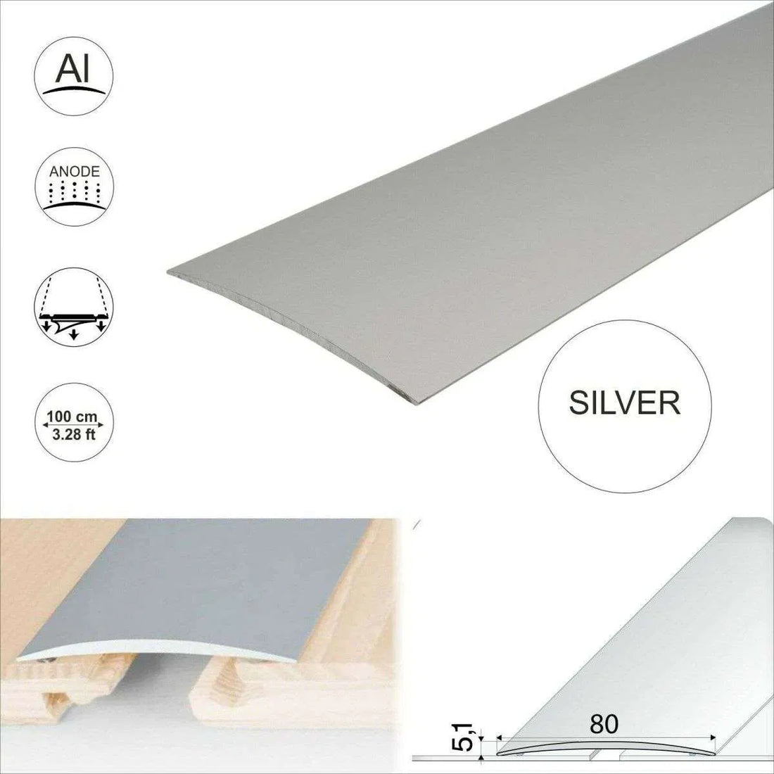 Silver Anodised Aluminium Self Adhesive Door Threshold - A71 80mm - StairNosingUK