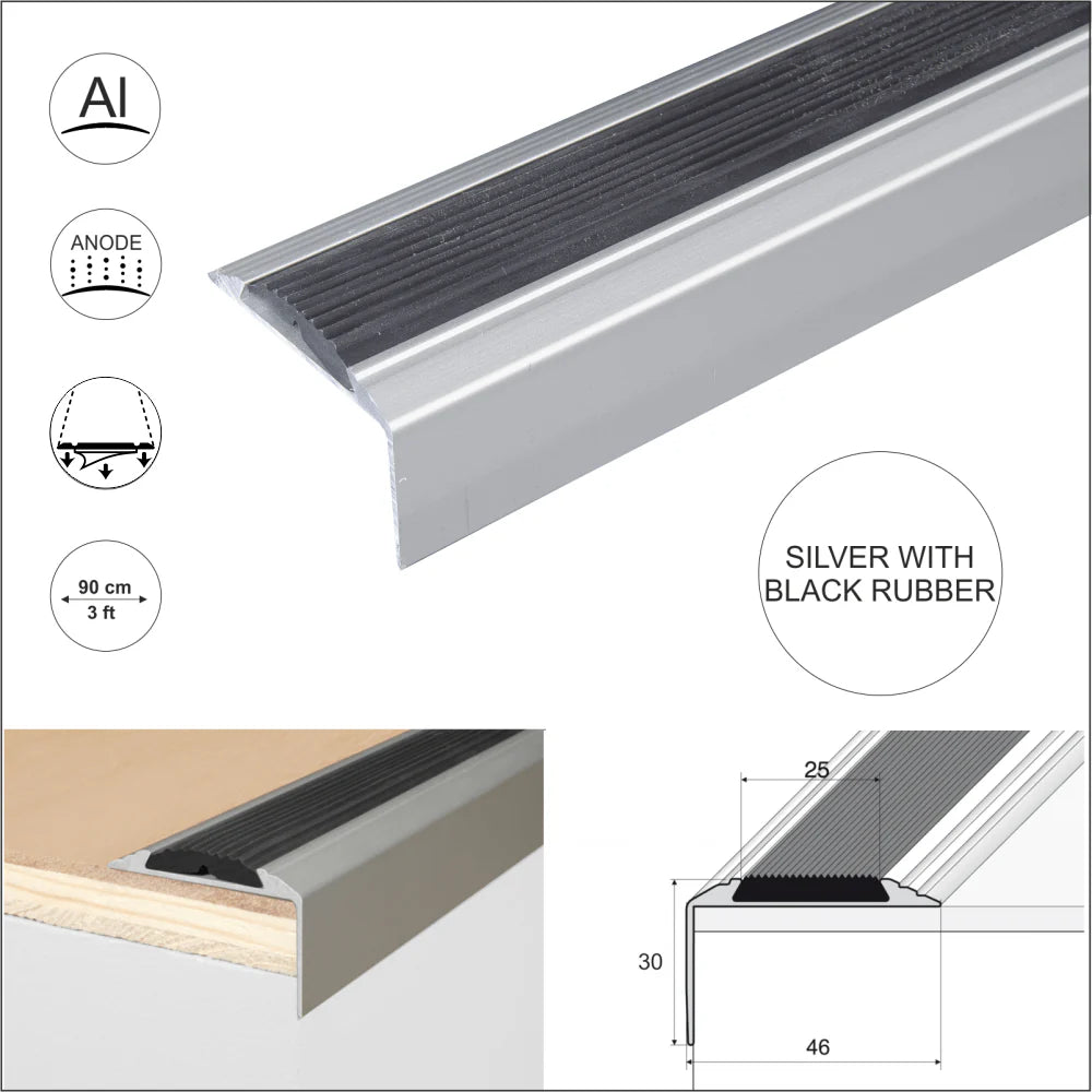Silver Anodised Aluminium Self Adhesive Non Slip Rubber Stair Nosing Edge Trim