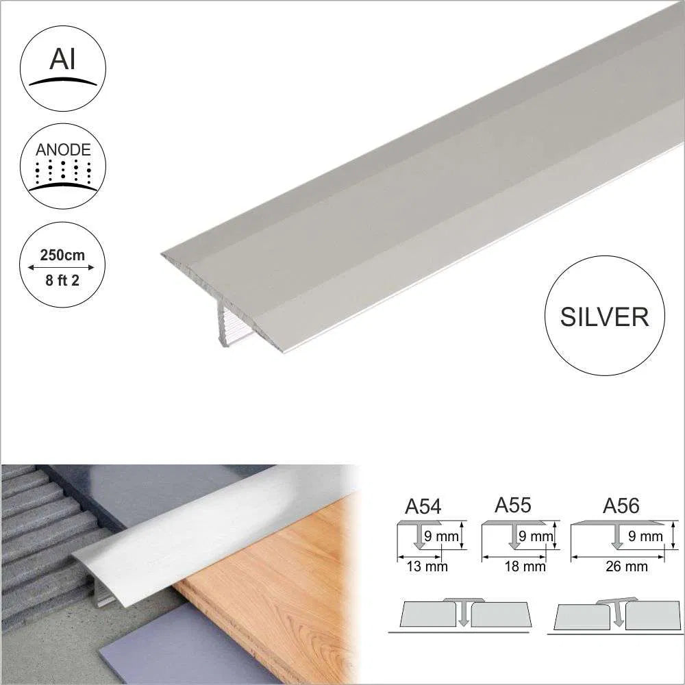 Silver Anodised Aluminium Threshold Trim T Bar - A55 18mm - StairNosingUK