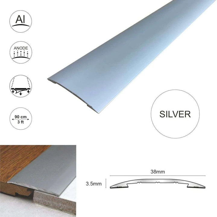 Silver Self Adhesive Euro Cover Strip - CAS 38mm - StairNosingUK