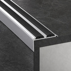 36 x 20 mm Non-Slip Aluminium Stair Nosing – Anodised Edge Trim Silver with black rubber