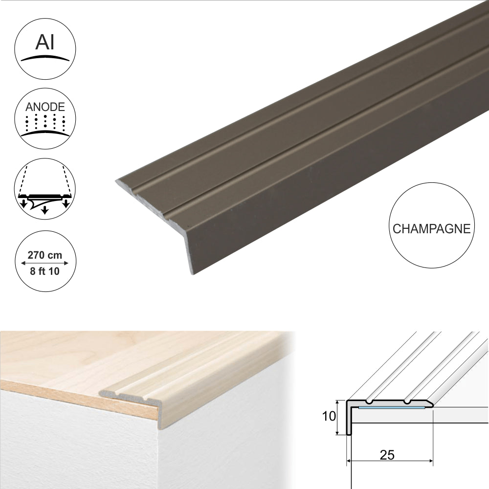 A31 25 x 10mm Anodised Aluminium Self Adhesive Stair Nosing Edge Trim