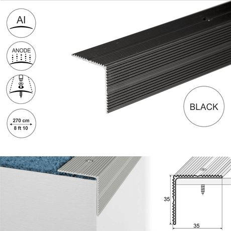 A34 35 x 35mm Anodised Aluminium Non Slip Ribbed Treads Stair Nosing Edge Trim