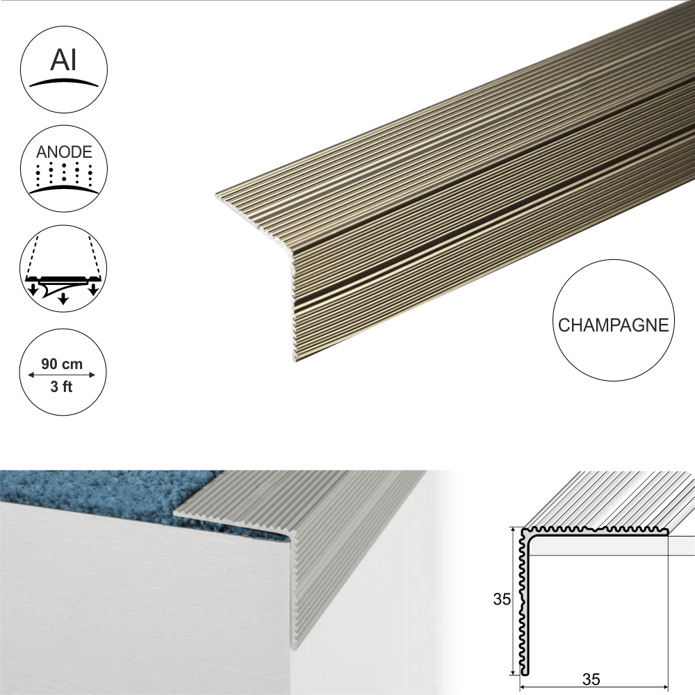 A34 35 x 35mm Anodised Aluminium Self Adhesive Non Slip Ribbed Treads Stair Nosing Edge Trim