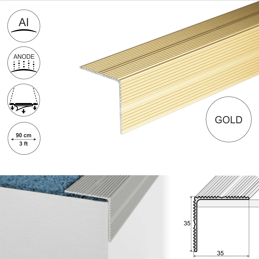 A34 35 x 35mm Anodised Aluminium Self Adhesive Non Slip Ribbed Treads Stair Nosing Edge Trim