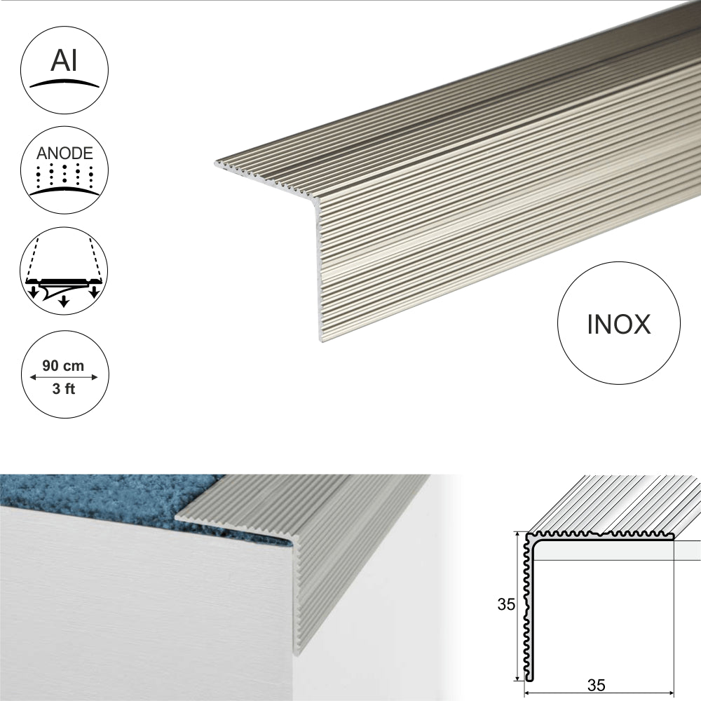 A34 35 x 35mm Anodised Aluminium Self Adhesive Non Slip Ribbed Treads Stair Nosing Edge Trim