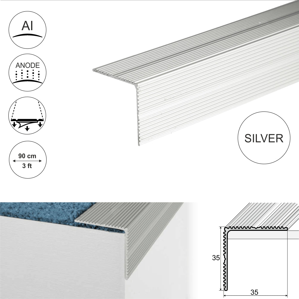 A34 35 x 35mm Anodised Aluminium Self Adhesive Non Slip Ribbed Treads Stair Nosing Edge Trim