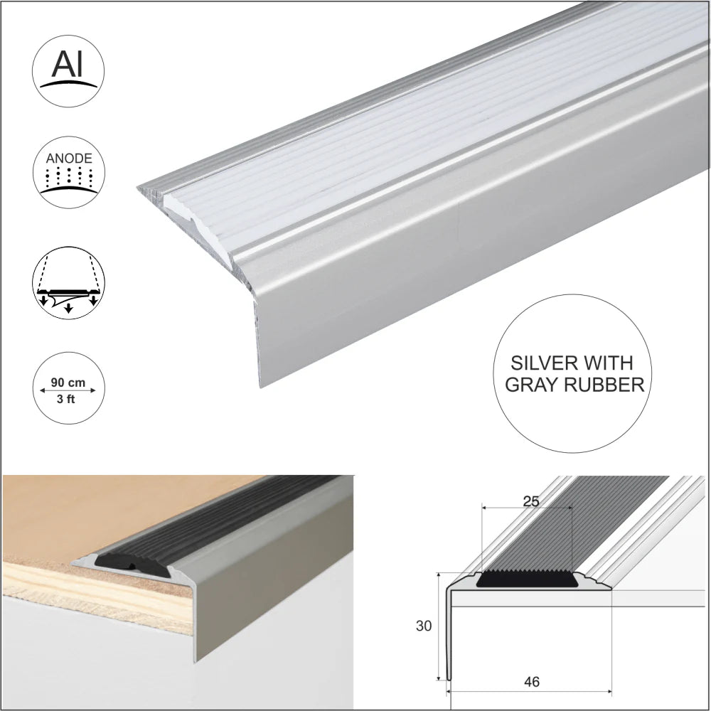A38 46 x 30mm Anodised Aluminium Self Adhesive Non Slip Rubber Stair Nosing Edge Trim