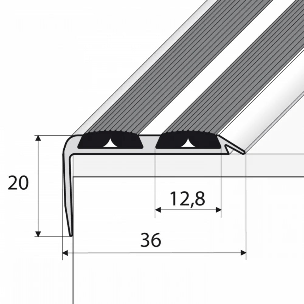 A37 36 x 20mm cayrus Aluminium Non Slip Rubber Stair Nosing Edge Trim With Inserts size