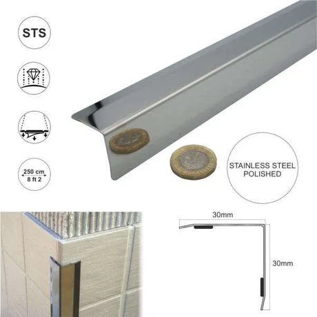 Stainless steel polished cladding corner trim protector bevelled edges 30x30mm